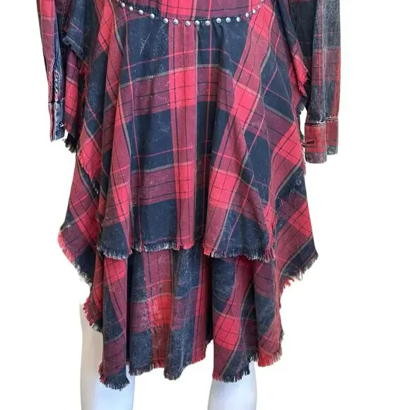 Zara Studded Distressed Circus Red Black Tartan Plaid Shirt Punk sz S NWT - Picture 6 of 13